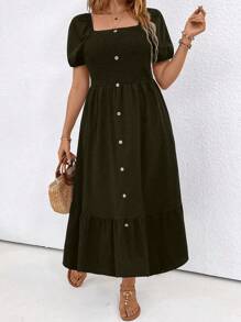 SHEIN LUNE Vestido casual de verano para mujer de talla grande con cuello, manga corta abultada, decoración de botones y volante en el bajo