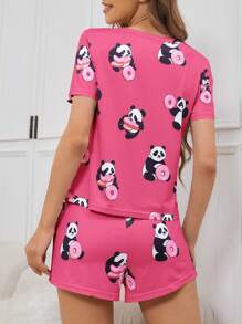 1 件熊猫与甜甜圈印花圆领女士睡衣套装 - 玫紅色 - 查看 2