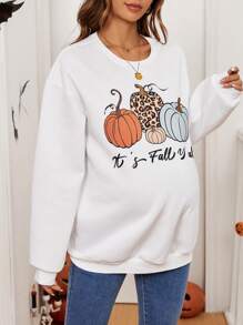 SHEIN Maternity Casual Pumpkin Print Round Neck Drop Shoulder T-Shirt, Spring Autumn Fall Top, Women Fall Clothes - White - View 3