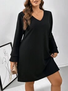 SHEIN Essnce Đầm tay dài cổ chữ V xếp nếp cỡ lớn cho nữ - màu đen - Xem 6
