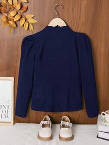 SHEIN Tween Girl Open Front Elegant Bishop Sleeve Jacket,In Fall/Winter - Navy Blue - View 4