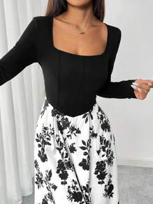 Mulvari 女士春秋优雅拼色花卉印花连衣裙