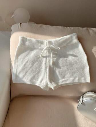 Comfortcana Conjunto de sudadera y pantalones cortos de unicolor, cintura alta y cordón para la temporada de otoño/invierno