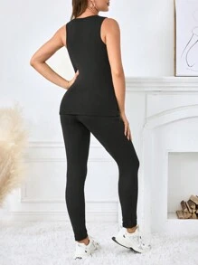 SHEIN Maternity Fleece Hoodie Sweatshirt & Leggings 2Pcs Set, Button & Drawstring Waist, Loose & Adjustable, Black - Black - View 5