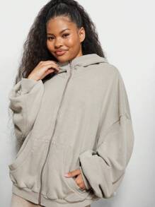 SUMWON WOMEN Oversized Full Zip Sweatshirt Bomber Style Jacket Balloon Sleeve Workout Casual Athleisure Loungewear Fall Winter Essential Hoodie - Khaki - View 3