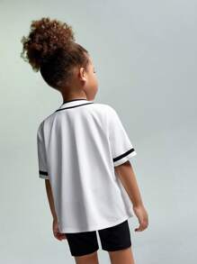 SHEIN 少女針織純色數字圖案棒球領T卹和褲襪2件套休閒裝 - 黑與白 - 查看 2