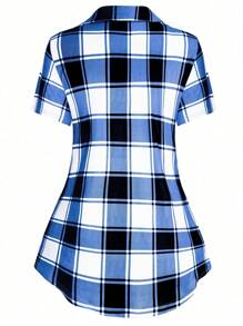 大码女式格子印花交叉领长款 T 恤 夏季图案 T 恤 女式上衣 - 彩色 - 查看 2