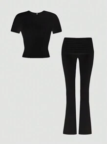 GAOVOT 女士春夏家居休闲运动健身两件套，圆领短袖T恤上衣搭配直筒裤，黑色 - 黑色 - 查看 8