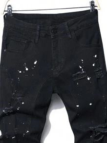 Manfinity Roughcore Men's Pocket Splatter Paint Print Distressed Casual Jeans, Emo Style - Black - View 3