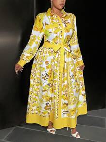 Slaydiva Fall Clothing Gorgeous High Price Palace Women's Plus Size Long Dress Long Sleeve Shirt Style A-Line,Beach Dress Sundress,Holiday Outfits Boho - Yellow - View 5