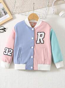 SHEIN Chaqueta de punto informal con parches de letras de bloques de color para niña joven