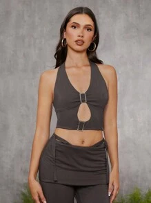 evoluSHEIN X Anitta Jheni Designer Women's Summer Solid Color Ruched Hollow Cropped Slim Fit Halter Top, Holiday, Going Out, Festival - Burgundy - View 6