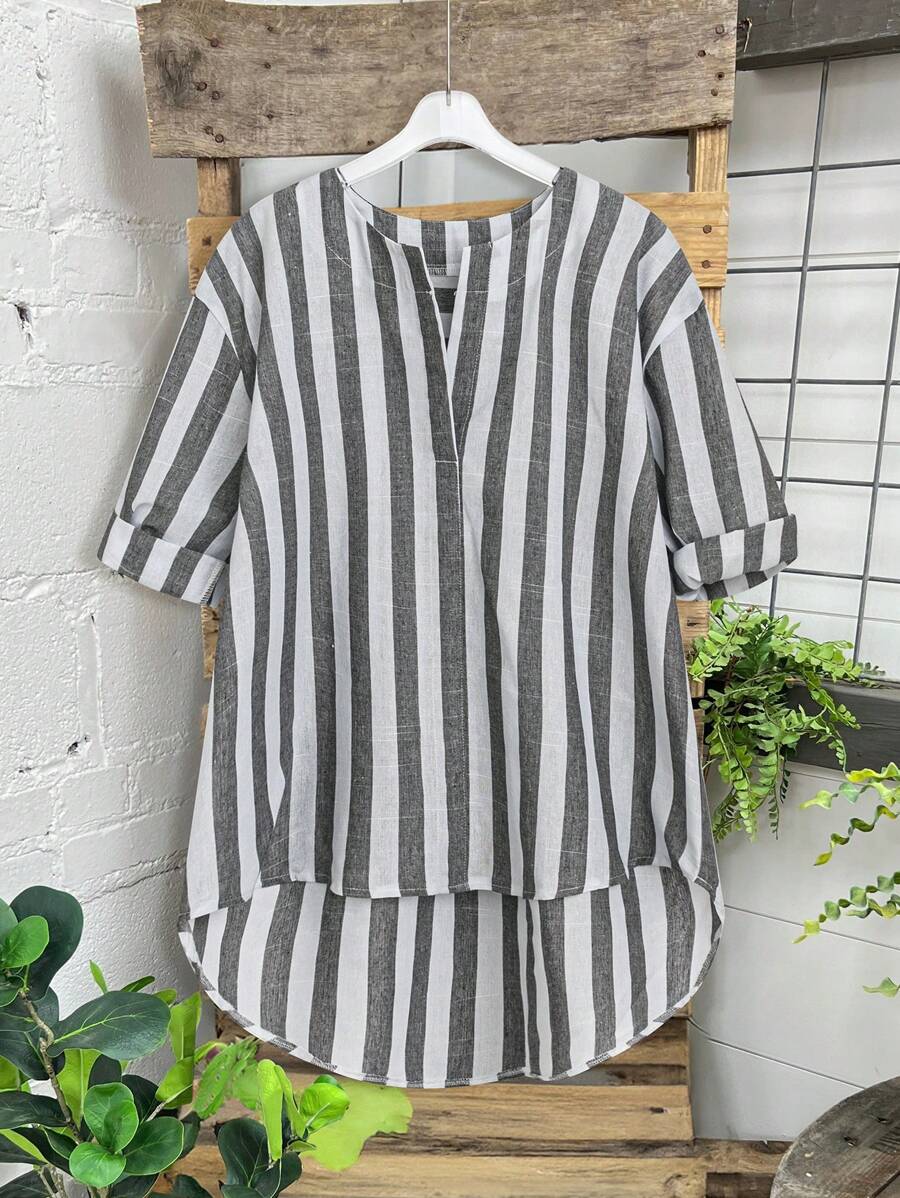 SHEIN LUNE 半襟彩色编织条纹女士休闲不对称下摆衬衫 - 彩色 - 查看 1