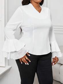 Maweii 大码女式纯色休闲喇叭袖衬衫 - 白色 - 查看 6