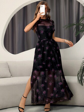 女式哥特式复古黑黄玫瑰印花网眼拼接双层高领收腰不对称下摆连衣裙