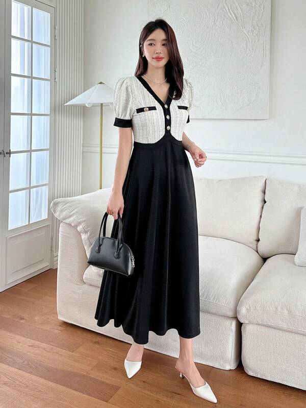 DAZY Women Contrast Color Patchwork Short Sleeve Button Front Long Casual Dress