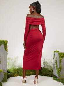 evoluSHEIN X Anitta RAUL OROZCO 设计师不对称垂褶镂空裙，节日，派对，感恩节，节日 - 酒紅色 - 查看 6