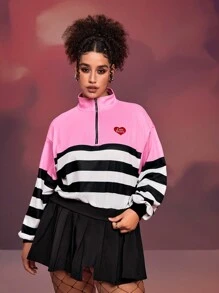 SHEIN X Care Bears Designer 1pc Plus Size Casual Cartoon Bear & Contrast Stripe Print Half Zip Mock Neck Sweatshirt, Spring Autumn, Holiday, Thanksgiving, Winter, Festival