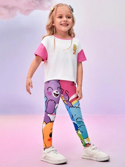 SHEIN X Care Bears Designer Ung flicka Casual Söt tecknad björntryck Kontrast Drop Shoulder Kortärmad T-shirt och Leggings Set, Semester, Nyår, Thanksgiving, Vår & Sommar