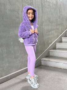 SHEIN Bộ 2 món cho bé gái: Áo khoác trùm đầu in hình gấu dày ấm áp có khóa kéo + Quần legging, thích hợp cho mùa thu, đông, thường ngày, mặc hàng ngày, đi học, giữ ấm - Nhiều màu - Xem 3