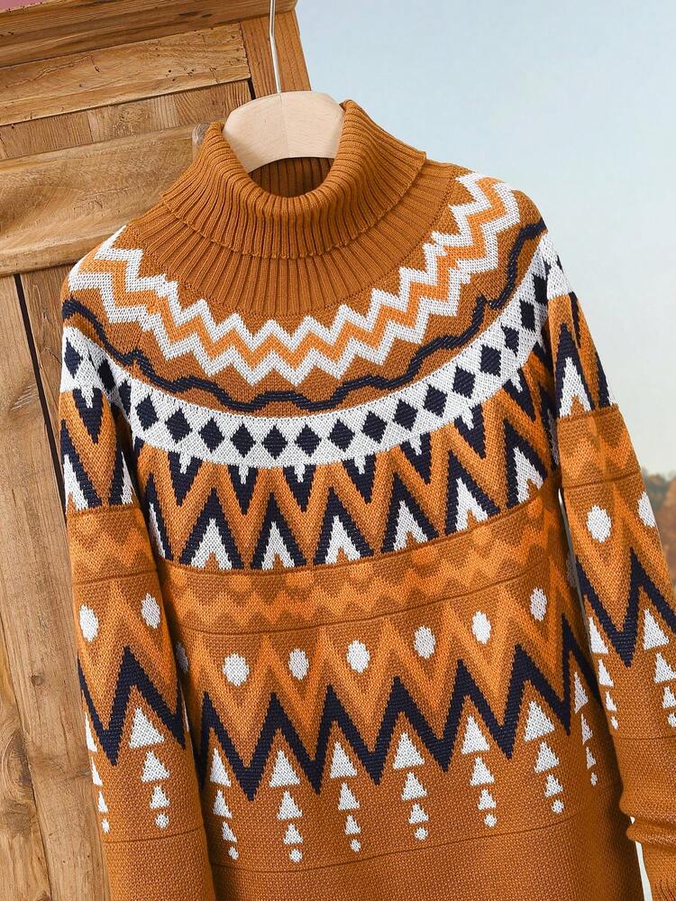 Women  Pattern Jacquard Knit High Neck Relaxed Casual Sweater