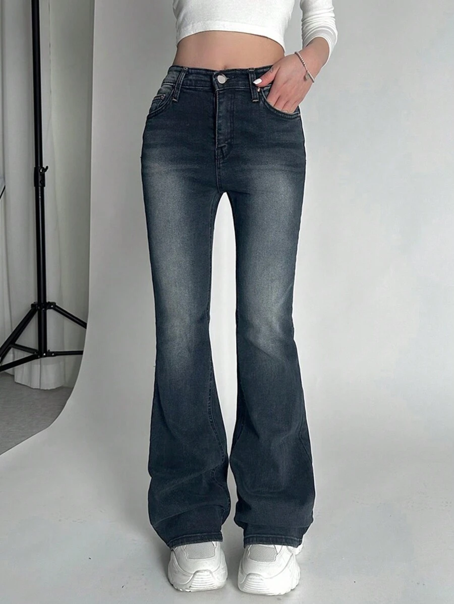 DAZY Quần Jeans Ống Loe Ôm, Có Túi Cài Nút Phía Trước, Giặt Sạch, Kiểu Dáng Cũ Cho Nữ - Rửa tối - Xem 1