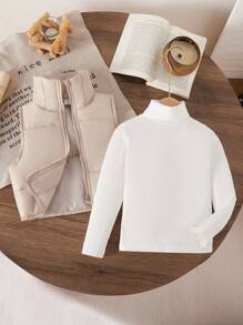 2 peças de colete acolchoado sem gola damasco para meninas e blusas brancas de manga comprida com gola alta, roupas de irmãos de outono e inverno (vendidas separadamente)