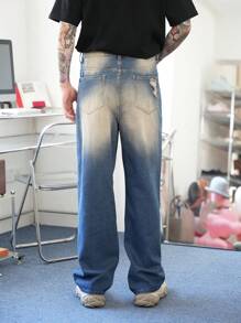 Manfinity Hypemode Men's Dark Blue Washed Loose Wide Leg Casual Business Jeans