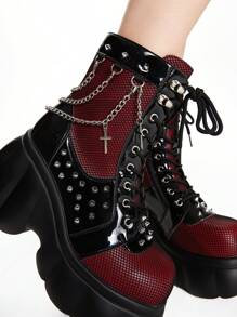 ROMWE Grunge Punk Gothic Punk Chain Spiked Platform Short Boots For Halloween Fall For Christmas And New Year Holiday Valentines Spring Shoes