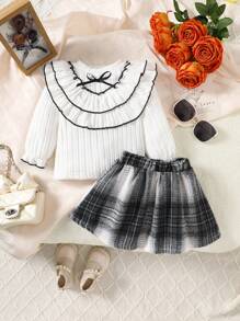 2 件装女婴撞色拼接蝴蝶结装饰长袖衬衫和格子裙套装 - 白色 - 查看 3