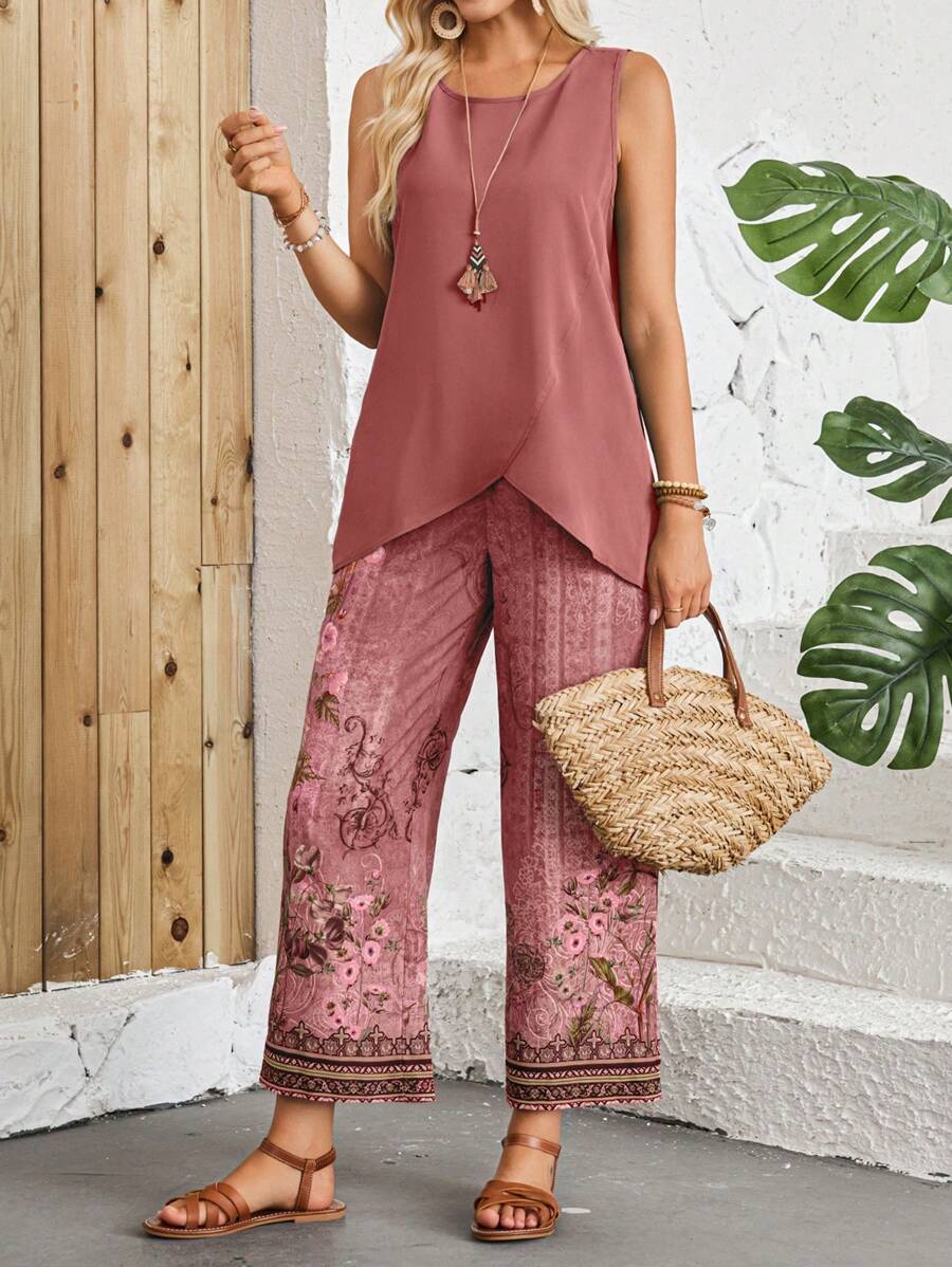 EMERY ROSE Damen Sommer Set mit asymmetrischem Saum Bluse und weiten Hose mit Blumendruck - Verschiedenfarbig - Übersicht 1