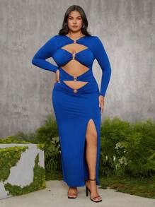 evoluSHEIN X Anitta Spagnelli Designer Plus Heart Buckle Cut-Outs Long Dress, Holiday, Party, Thanksgiving, Birthday Outfits, Spring & Summer, Festival - Blue - View 5