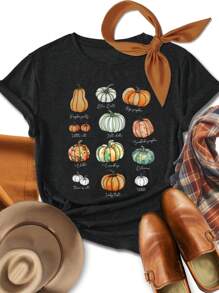 SHEIN LUNE 大码女式休闲简约南瓜图案圆领短袖修身 T 恤适合夏季万圣节套头衫、感恩节上衣 - 黑色 - 查看 6