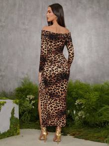evoluSHEIN X Anitta VICTOR VON SCHWARZ Designer Leopard Printed Off-Shoulder Twist Split Thigh Dress, Holiday, Party, Thanksgiving, Festival