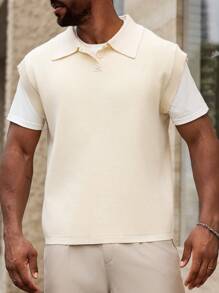 Manfinity Homme Men's Plus Size Solid Color Polo Collar Casual Sweater Vest For Autumn/Winter - Apricot - View 3