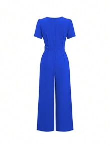 Chiquease Women's Solid Color V-Neck Belted Summer Short-Sleeved Jumpsuit - Blue - View 2