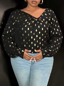 Slaydiva Plus Size Women's Black Casual Raglan Sleeve Short Sleeve Twist Metallic Shirt - Black - View 4