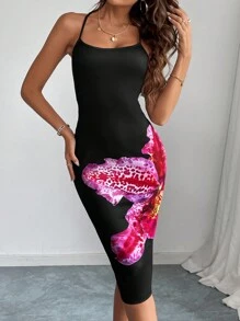 SHEIN Privé Damen schwarzes midi Kleid mit Spaghettiträgern, offenem Rücken, Kreuz-Rückendetails, figurbetonter Passform und elegantem Blumenmuster