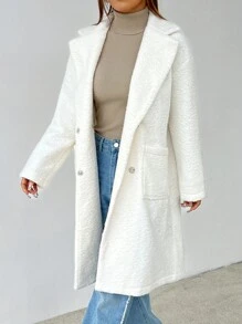 SHEIN PETITE Áo khoác nữ dáng ôm cổ trễ vai tay dài ve lật hai túi thời trang thu đông - Màu be - Xem 4