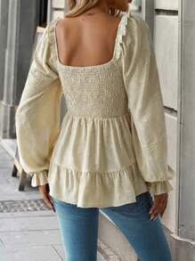 SHEIN LUNE Áo thun dài tay xếp ly xếp nếp màu trơn có viền trang trí cho nữ, trang phục thường ngày - Màu be - Xem 2