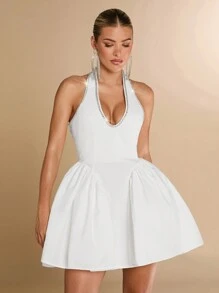 SHEIN BAE Summer  Sexy V-Neck Halter Tied Bow Knot Waist Fitted Flare Women Dress