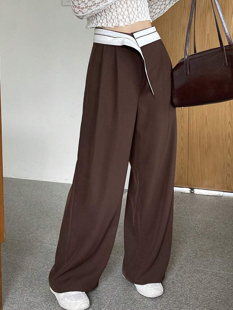 Women Wide Leg Pants With Contrasting Waistband And Pockets