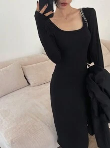 DAZY Vestido largo sencillo de cuello cuadrado negro para mujer en otoño - Negro - Ver 8