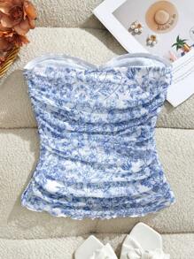 KARISMINA Atasan Camisole Rajut Jala Kasual Elegan Wanita dengan Motif Cetak, Pas Badan, Untuk Liburan Musim Panas - Blue and White - View 2