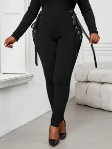 SHEIN Lady 秋冬优雅黑色针织系带长款大码打底裤 - 黑色 - 查看 4