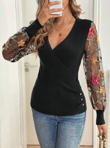 SHEIN Clasi Damen V-Ausschnitt Pullover mit Blumenstickerei, Mesh-Einsätzen und Langarm, Frühling/Herbst