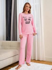 RueChic 100% Cotton 2 Pieces Eye & Slogan Printed With Contrast Stitching Detail Lounge Set - Baby Pink - View 6