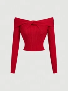 SHEIN MOD Red Off-The-Shoulder Crossover Twist Long Sleeve Sweater,Homecoming Tops,Airport Women Outfits,Halloween Outfits,Cat Woman Costume,Fall Clothes,Cocktail Party
