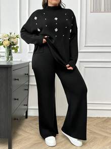 EURMUSE Plus Size Women's Pearl Beaded Knit Sweater 2pcs/Set, For Winter - Black - View 4