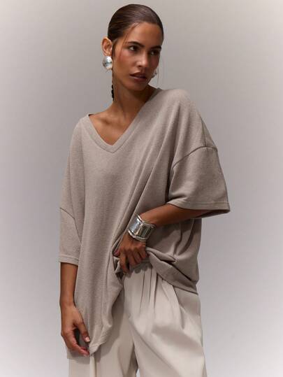 MUSERA V Neck Oversized Top Casual Vacation Casual Cute Everyday Capsule Wardrobe Oversized Tee Airport Back To School Winter Elegant Spring Summer